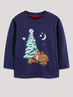 Navy crew neck cotton t-shirt with a whimsical deer and Christmas tree graphic.