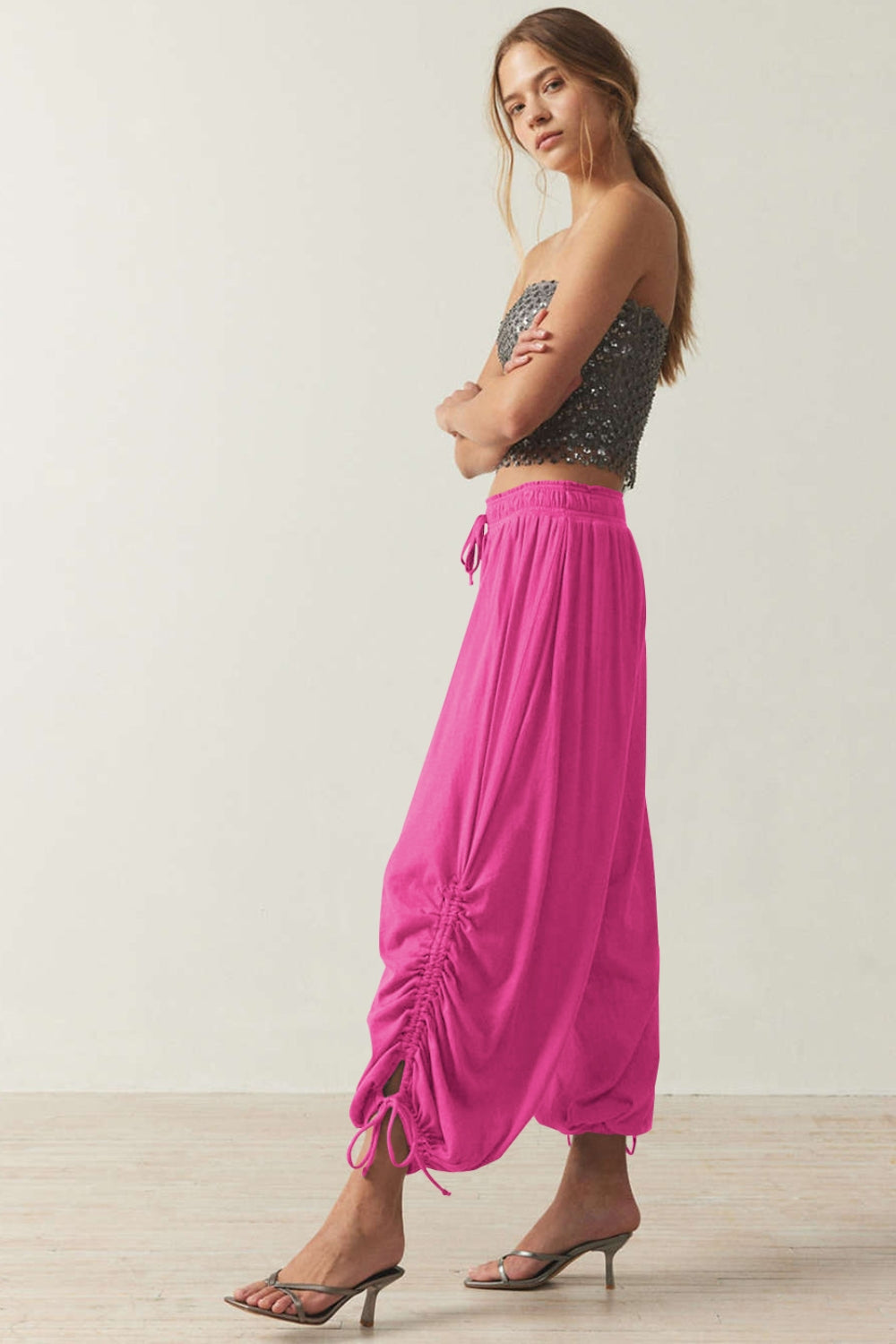 Hot Pink gathered ankle-tie balloon trousers with drawstring waist and ruched detail