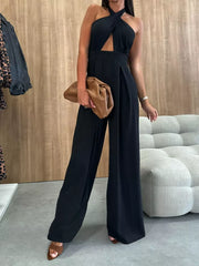 Halter Neck Cut-out Wide-leg Jumpsuit in Sage, view 14