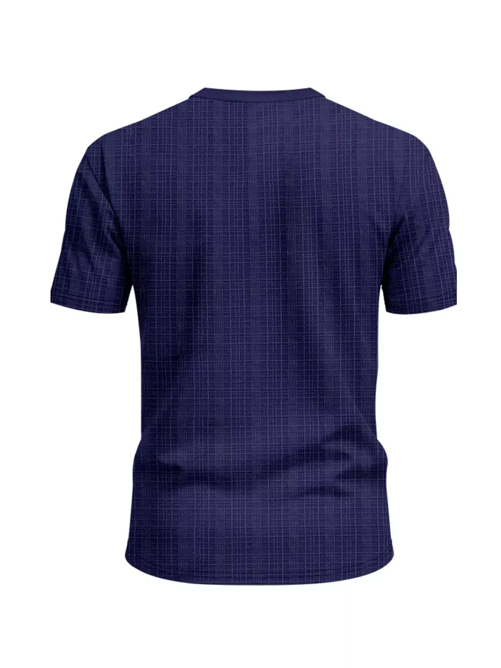 Navy blue men's crew neck t-shirt with subtle grid pattern