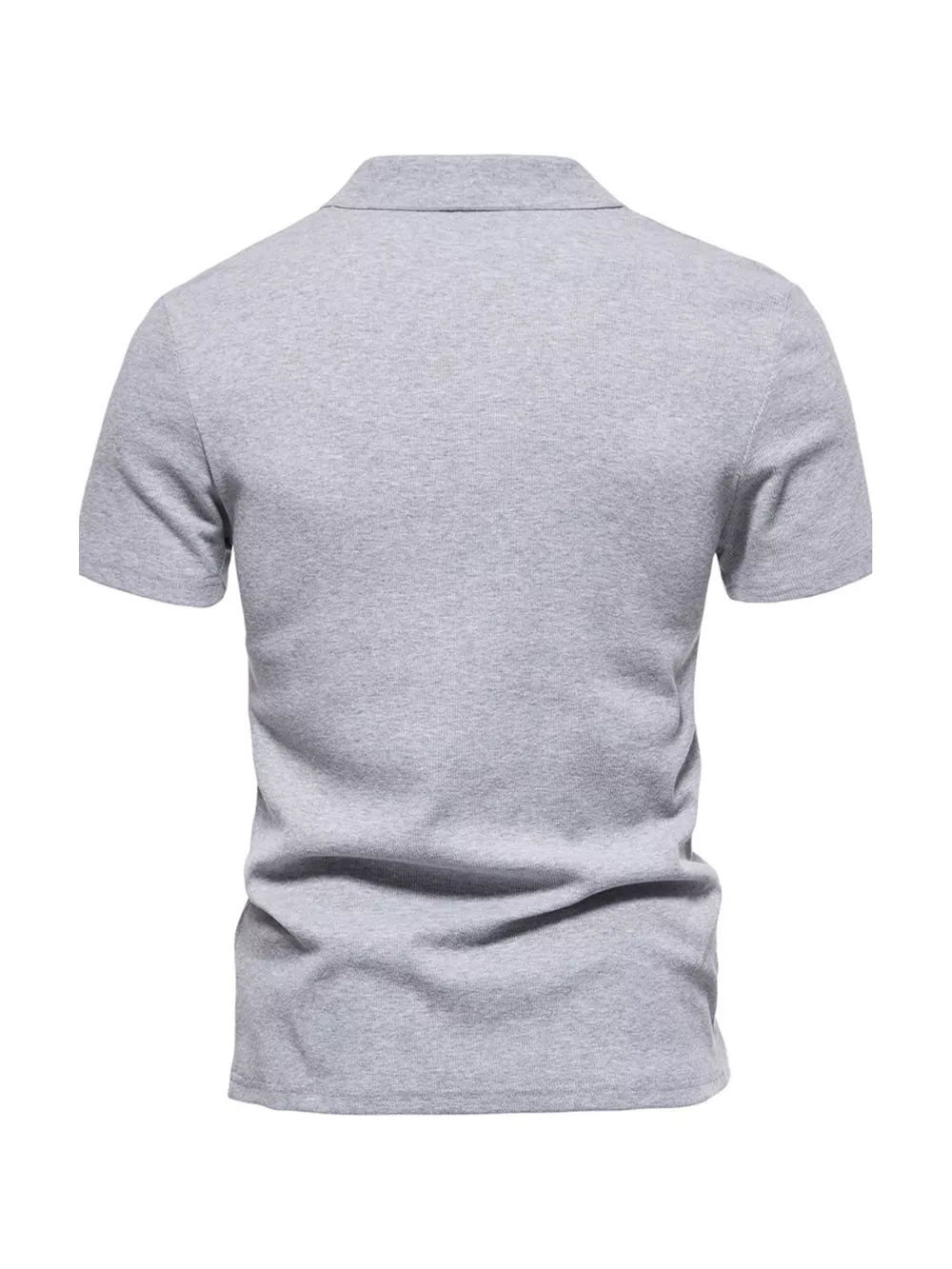 Men's light gray cotton blend casual polo shirt with notched collar and short sleeves.