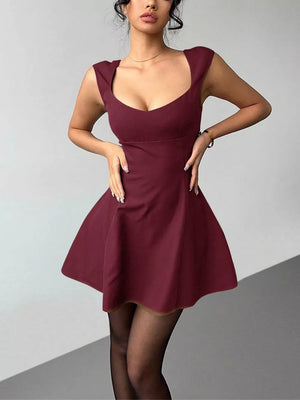 Maroon sweetheart neckline cap sleeve a-line mini dress with flared skirt.
