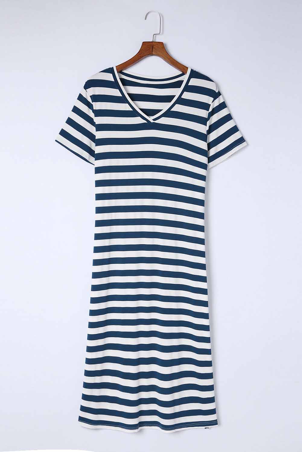 Navy and white striped jersey maxi dress with short sleeves and V-neck.