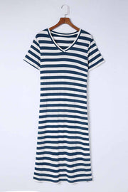 Navy and white striped jersey maxi dress with short sleeves and V-neck.