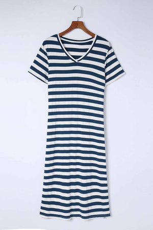 Navy and white striped jersey maxi dress with short sleeves and V-neck.