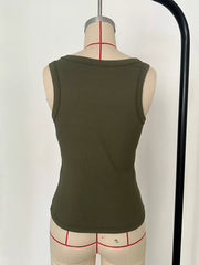 Army green ribbed knit tank top with a square neckline and cropped fit.