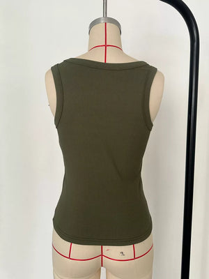 Army green ribbed knit tank top with a square neckline and cropped fit.