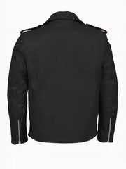 Men's black plus-size zip-up motorcycle jacket with zippered cuffs and epaulets.
