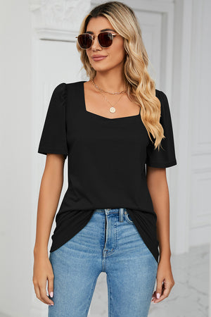Black tee with square neckline and short puff sleeves, casual fit