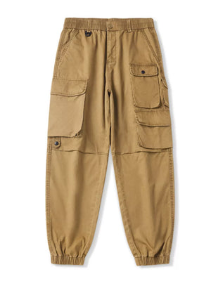 Khaki relaxed fit cargo pants with multiple pockets and elastic cuffs.