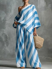 Asymmetrical Striped Top And Wide-leg Pants Set