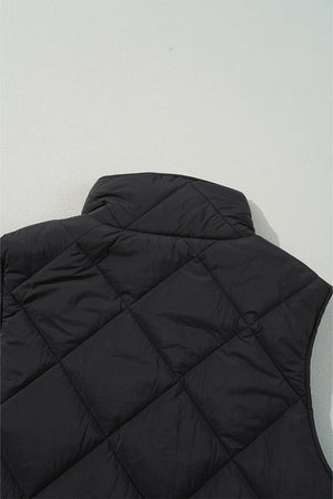 Black quilted stand collar vest with diamond stitching detail