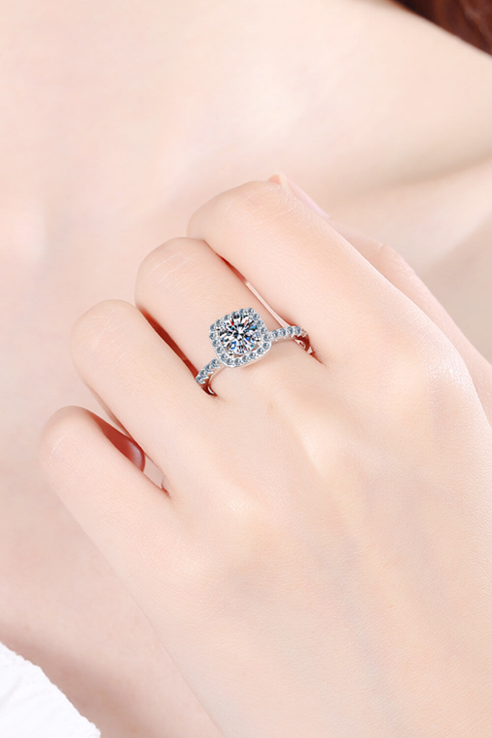Silver cushion halo engagement ring with pave band in 925 sterling silver