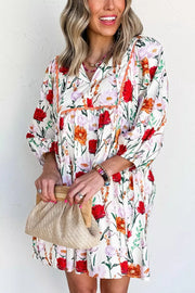 Floral Print 3/4 Puff Sleeve Mini Dress in Floral, model styling view
