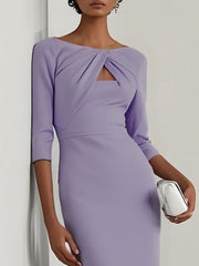 Lavender twist-front cutout midi dress with 3/4 sleeves.