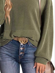 Green ribbed V-neck oversized hoodie sweatshirt with balloon sleeves and a front pocket detail.