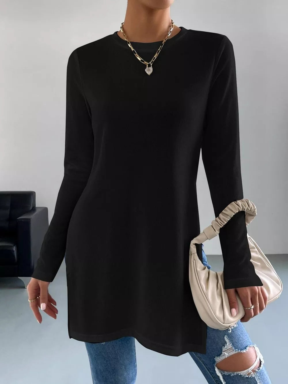 Long Sleeve Side Slit T-shirt in White, product detail