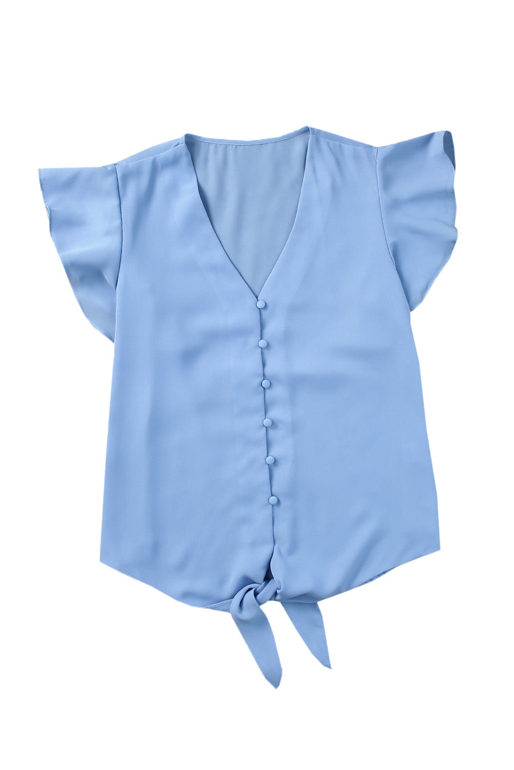 Pastel blue tie-front blouse with ruffle sleeves and button-down V-neck.