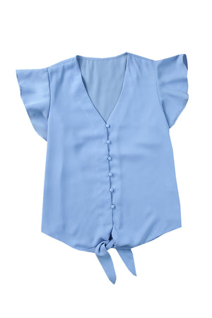 Pastel blue tie-front blouse with ruffle sleeves and button-down V-neck.