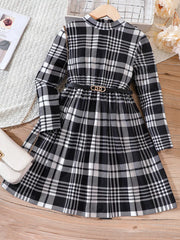 Baby girls' black and white plaid long-sleeve belted dress with a mock neckline.