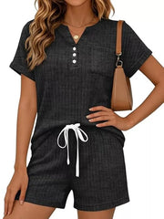 Black ribbed knit henley top and drawstring shorts loungewear set
