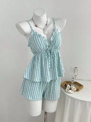 Tie Front Striped Cami And Shorts Set, model styling view