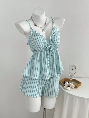 Tie Front Striped Cami And Shorts Set, model styling view
