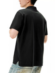 Black short sleeve polo shirt with classic fit and side vents, made of 100% polyester.