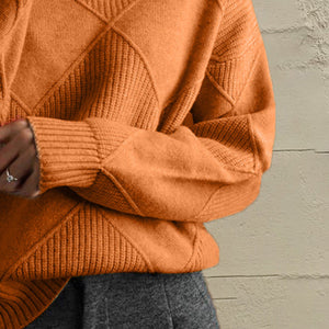 Textured diamond knit pullover sweater in caramel with ribbed cuffs and hem.