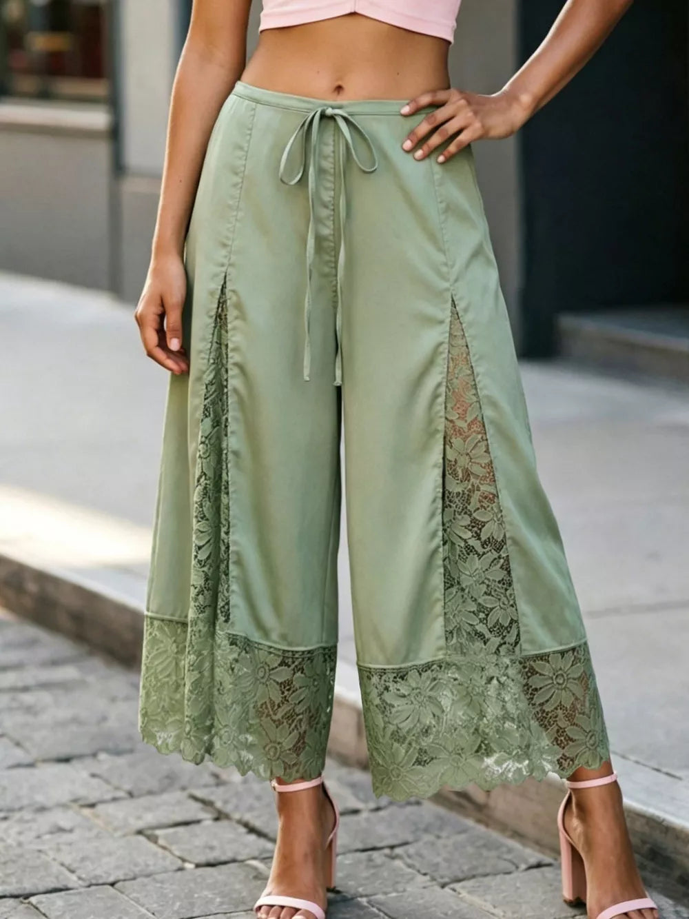 Lace Trim Wide-leg Cropped Pants in White, view 19