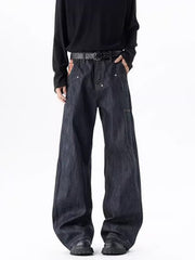 Men's dark wash 100% cotton wide-leg jeans with a baggy fit.