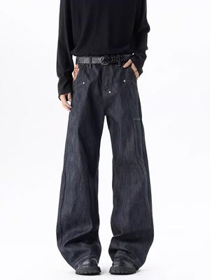 Men's dark wash 100% cotton wide-leg jeans with a baggy fit.