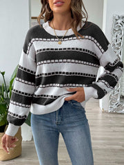 Black and white striped crewneck sweater with textured detail