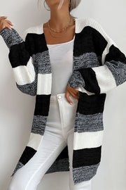 Block stripe open-front knit cardigan in black, white, and dark gray.