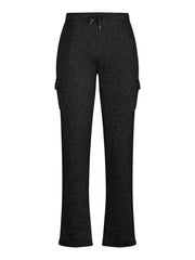 Dark gray fleece cargo joggers with drawstring waist and side cargo pockets.