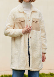 Beige sherpa coat with corduroy patch pockets and button front.