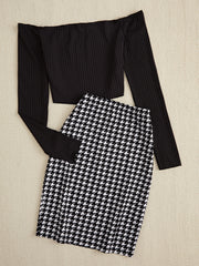 Black houndstooth pencil skirt and ribbed off-shoulder long sleeve top.