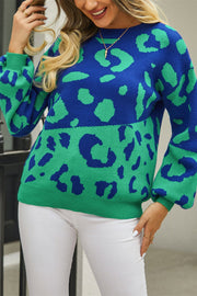 Colorblock leopard knit sweater with balloon sleeves in blue and green acrylic.