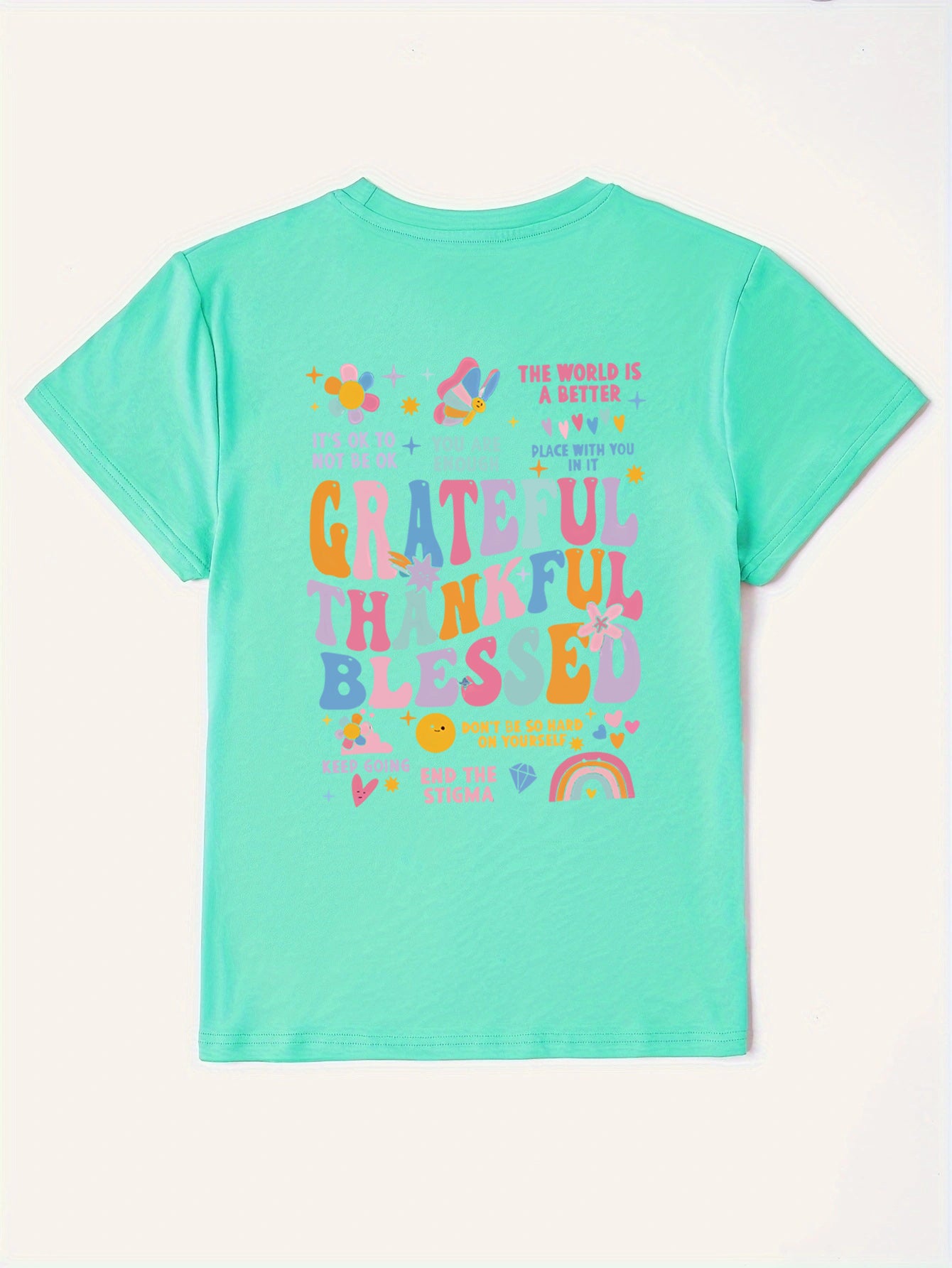 Aqua graphic tee with "Grateful Thankful Blessed" text and positive affirmations.