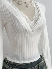 V-neck Lace Trim Ribbed Knit T-shirt, side view