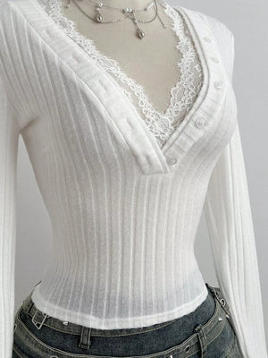 V-neck Lace Trim Ribbed Knit T-shirt, side view