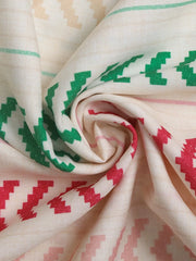 Chevron stripe tiered maxi skirt in multicolor fabric with red, green, and tan geometric patterns.