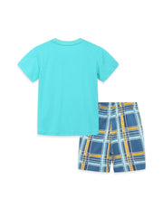 Boys' blue plaid shorts and turquoise graphic tee set.