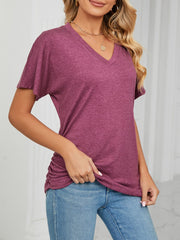 Burgundy relaxed V-neck short sleeve t-shirt with ruched side detail