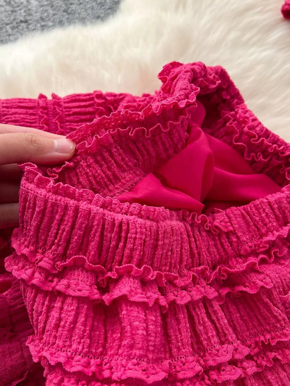 Rose Red textured two-piece set with tiered ruffles and frill details.