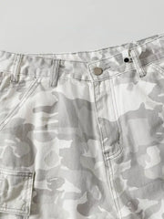 Men's white and grey camouflage cargo pants with utility pockets and button fly.