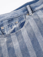 Men's Stripe Wide Leg Denim Capris in Blue, fabric detail