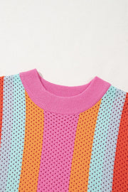 Geometric stripe openwork knit top with multicolor stripes and pink crew neck.