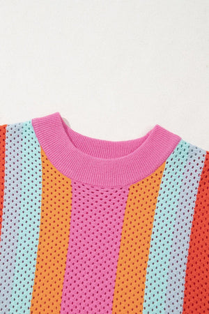 Geometric stripe openwork knit top with multicolor stripes and pink crew neck.