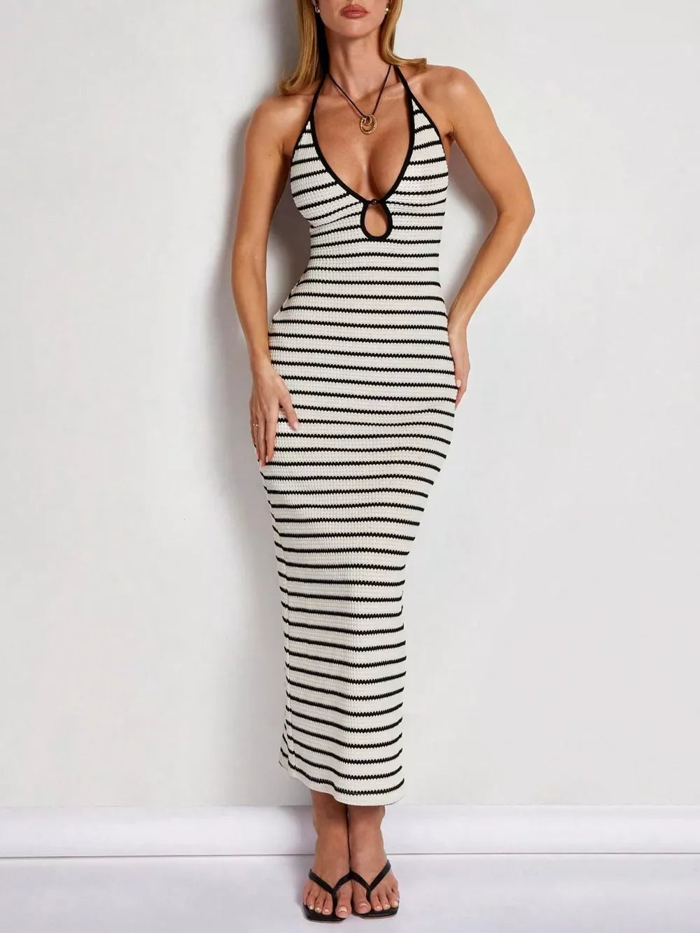 Striped Halter Neck Maxi Dress in White, front view